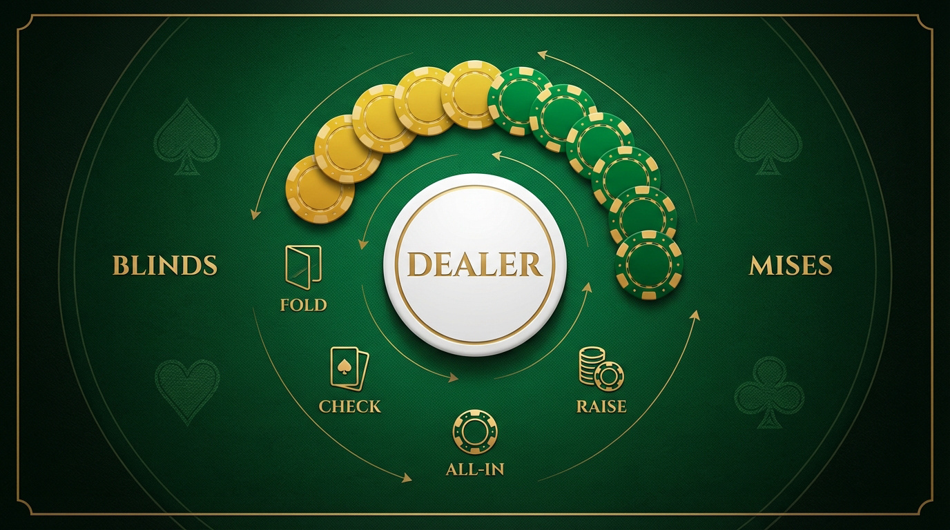 Schéma explicatif du cycle de jeu au poker Texas Hold'em incluant les blinds et les actions de mise